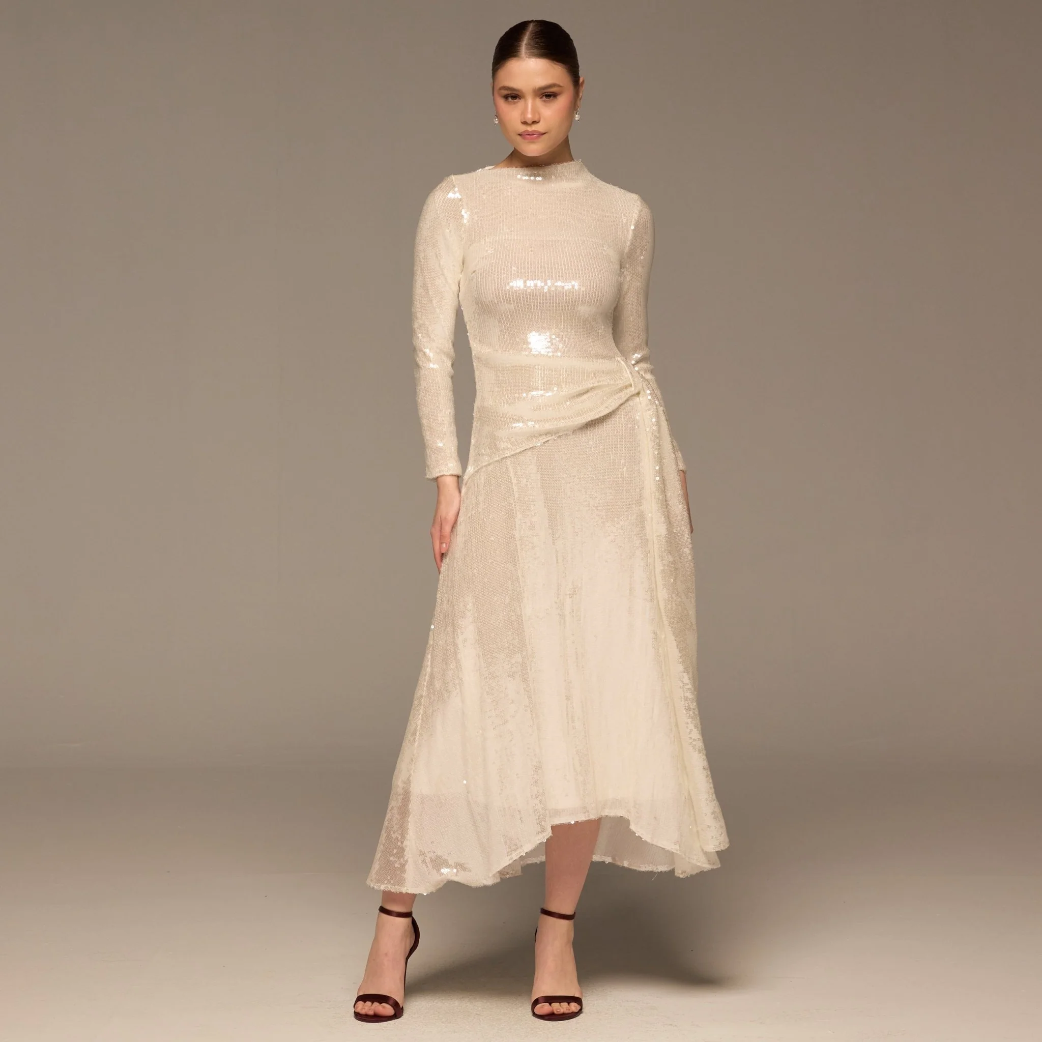 White Draped Waist Sequin Maxi Dress