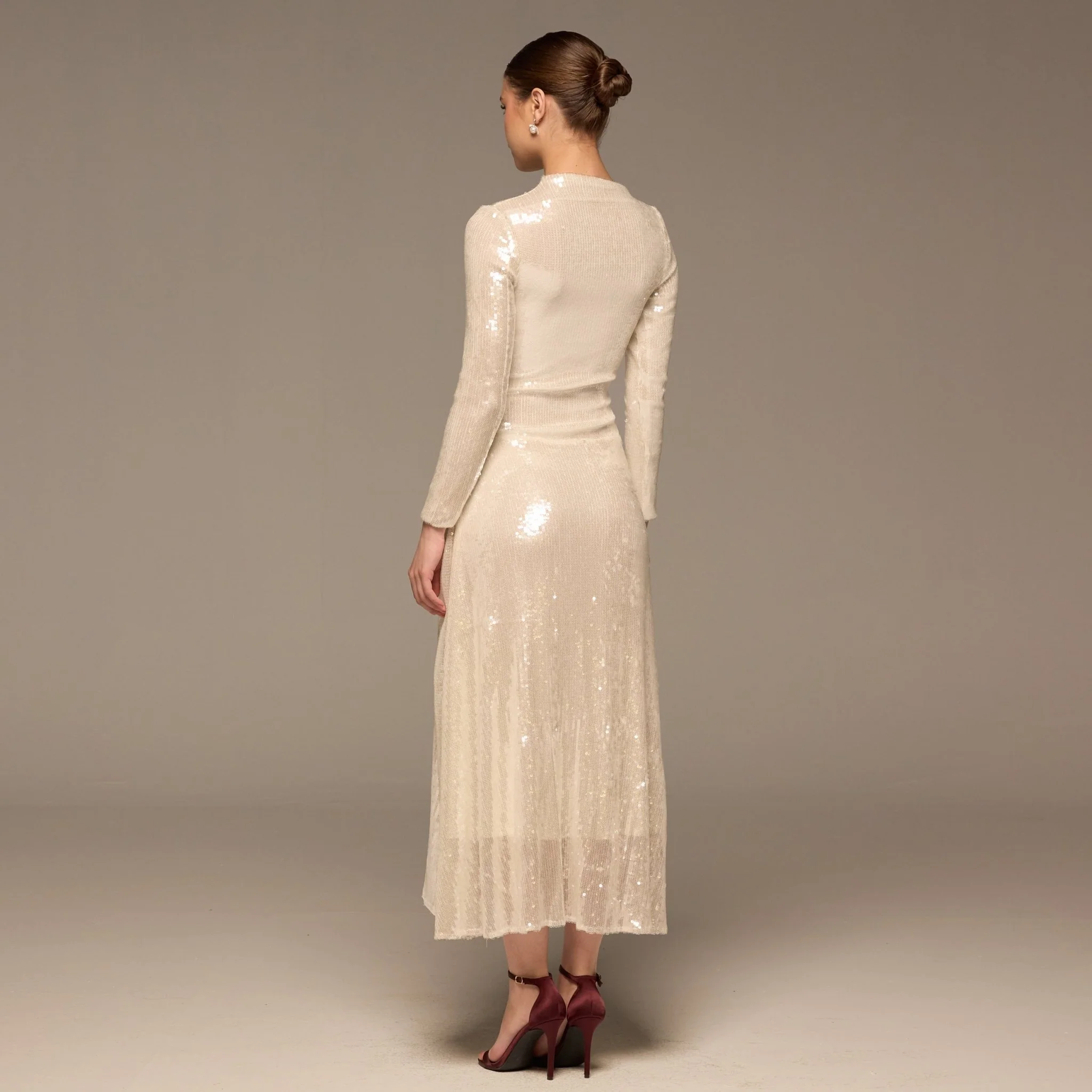 White Draped Waist Sequin Maxi Dress - Image 4