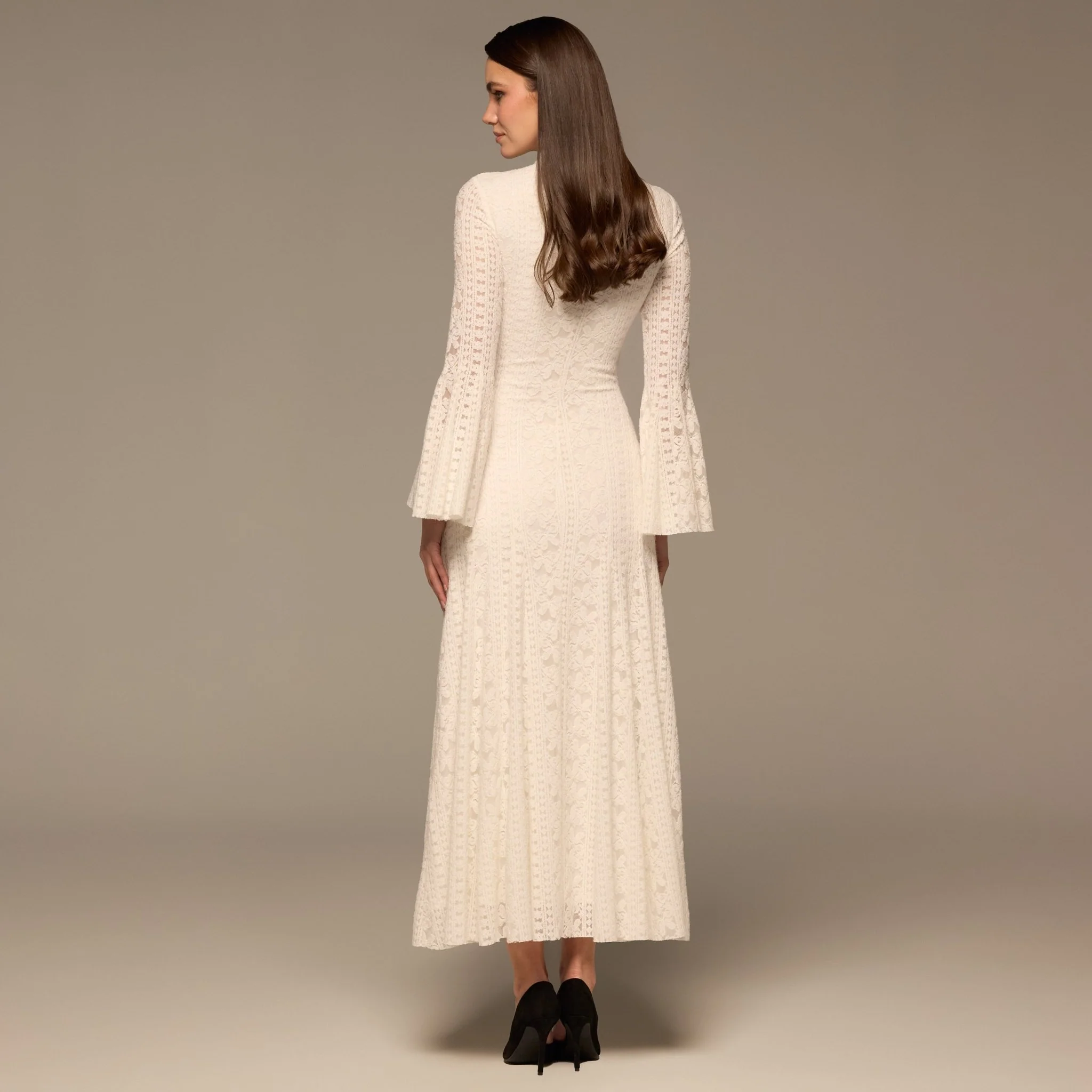 White Long Flared Sleeve Lace Dress - Image 3