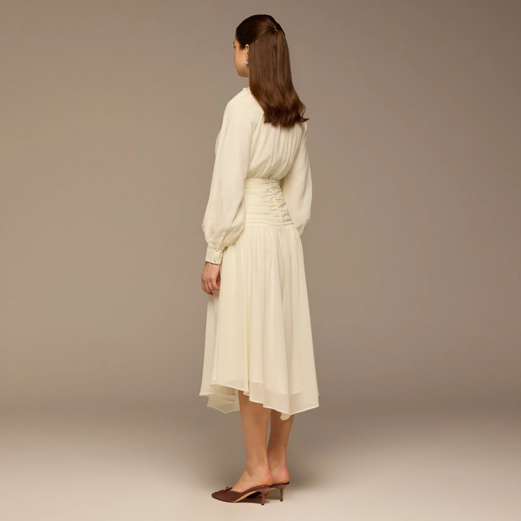 White Chiffon Long-Sleeve Gathered Dress - Image 4