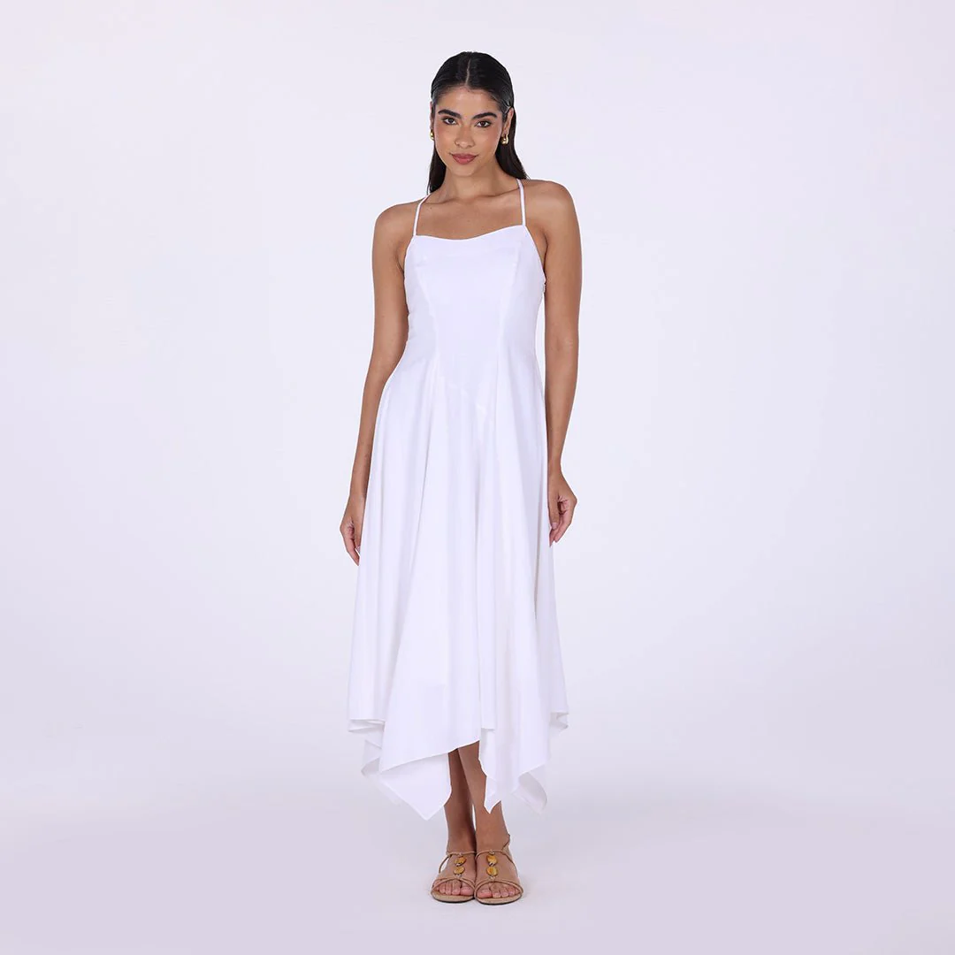 White Halter Straps Hanky Hem Midi Dress