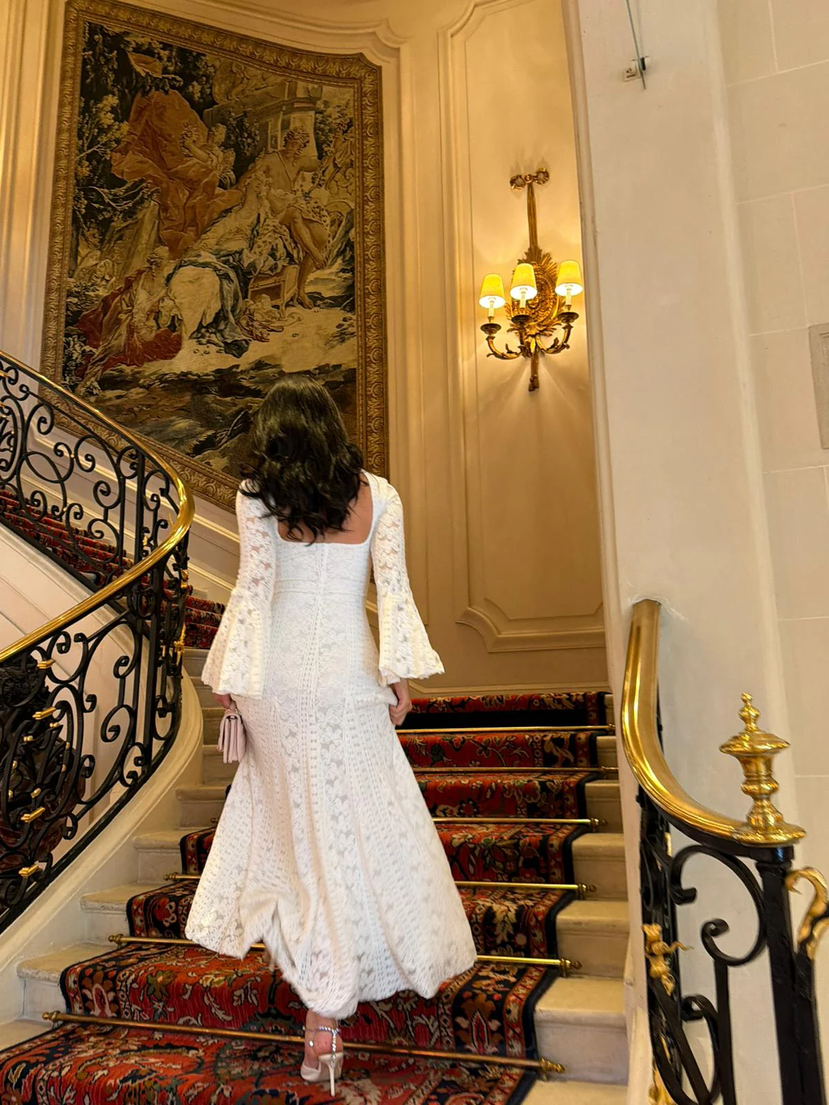 White Long Flared Sleeve Lace Dress with Open Back