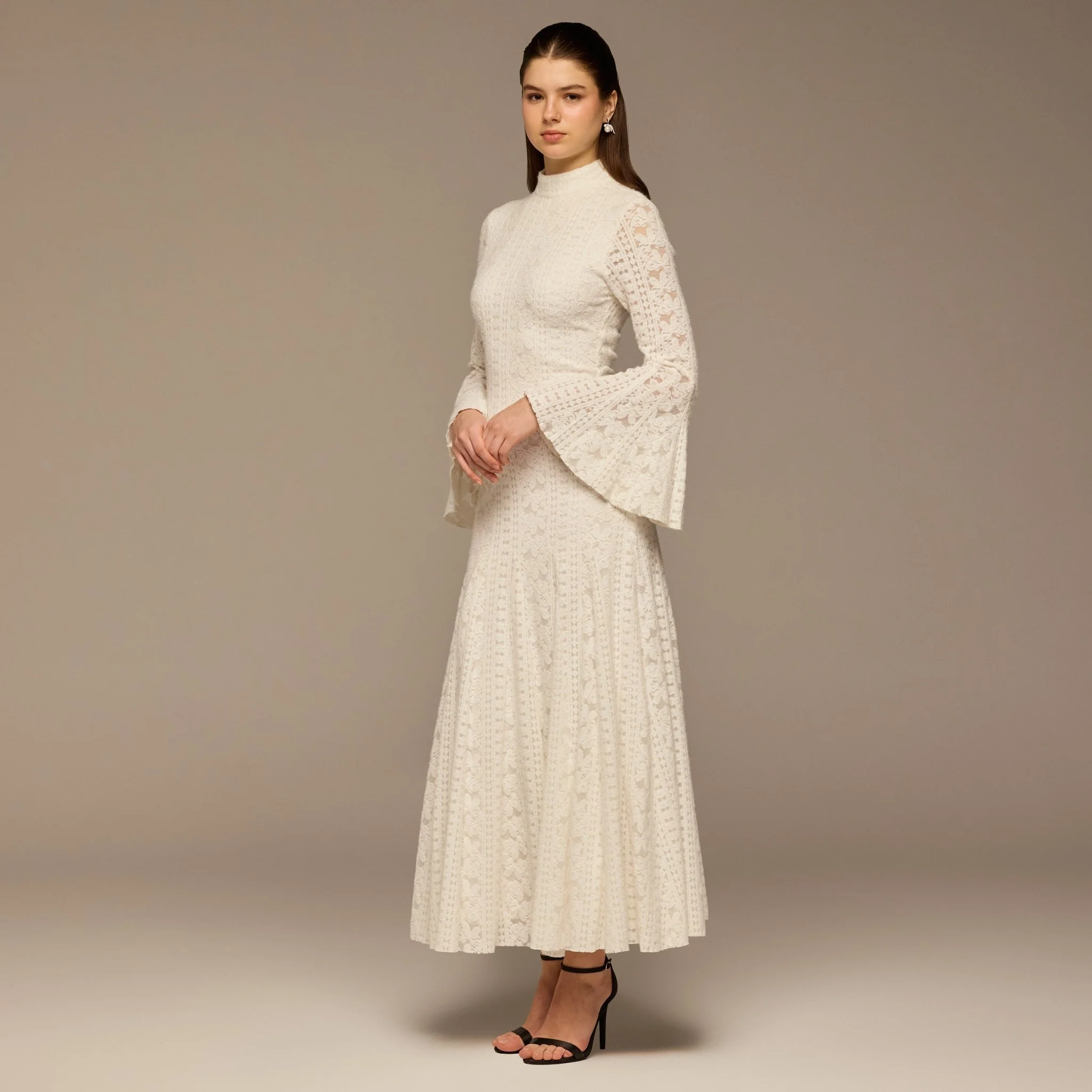 White Long Flared Sleeve Lace Dress with Open Back - Image 2