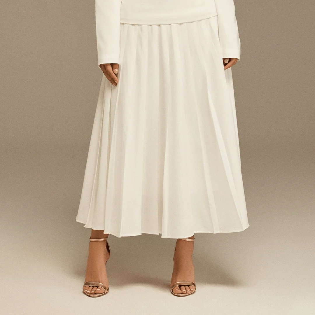 White Pleated Crepe Maxi Skirt