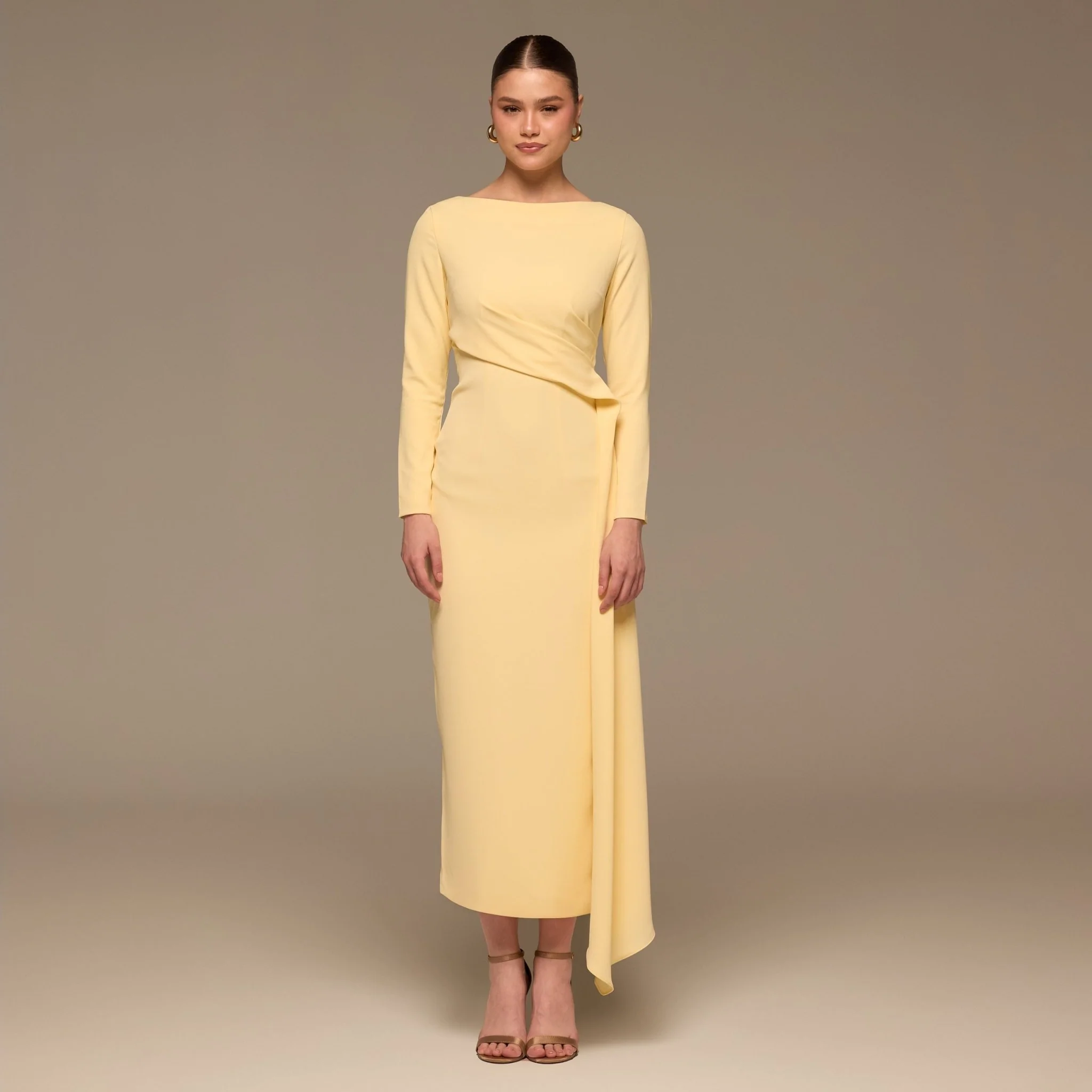 Yellow Long Sleeve Draped Midi Dress