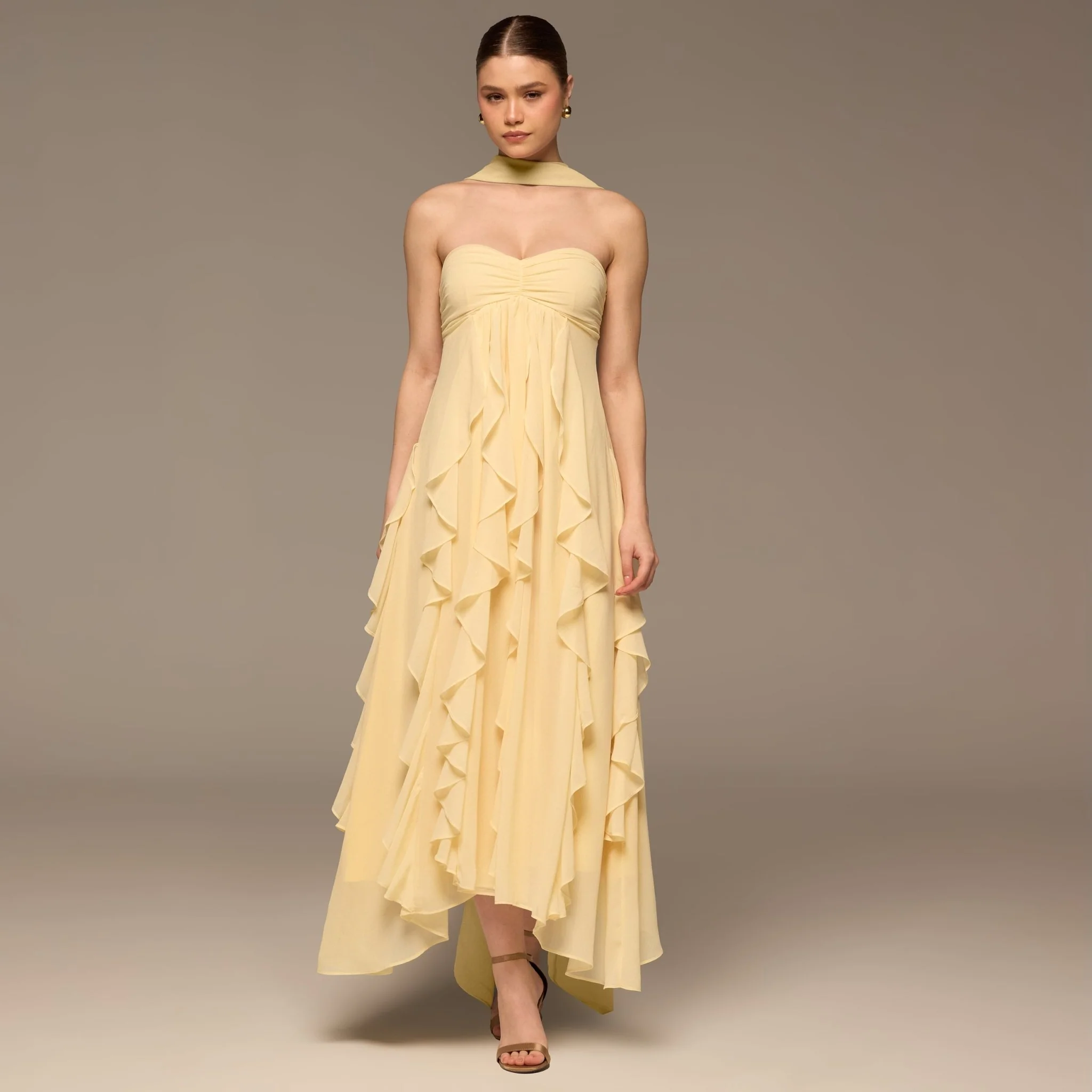 Yellow Strapless Ruffle Chiffon Maxi Dress