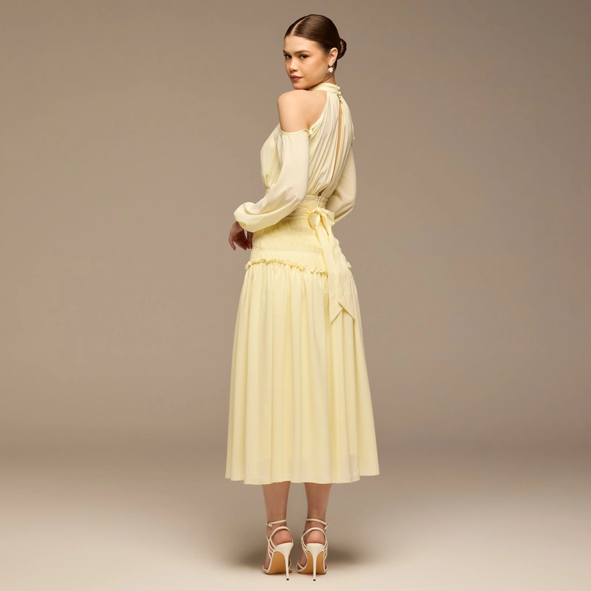 Yellow Cold Shoulder Chiffon Dress - Image 4