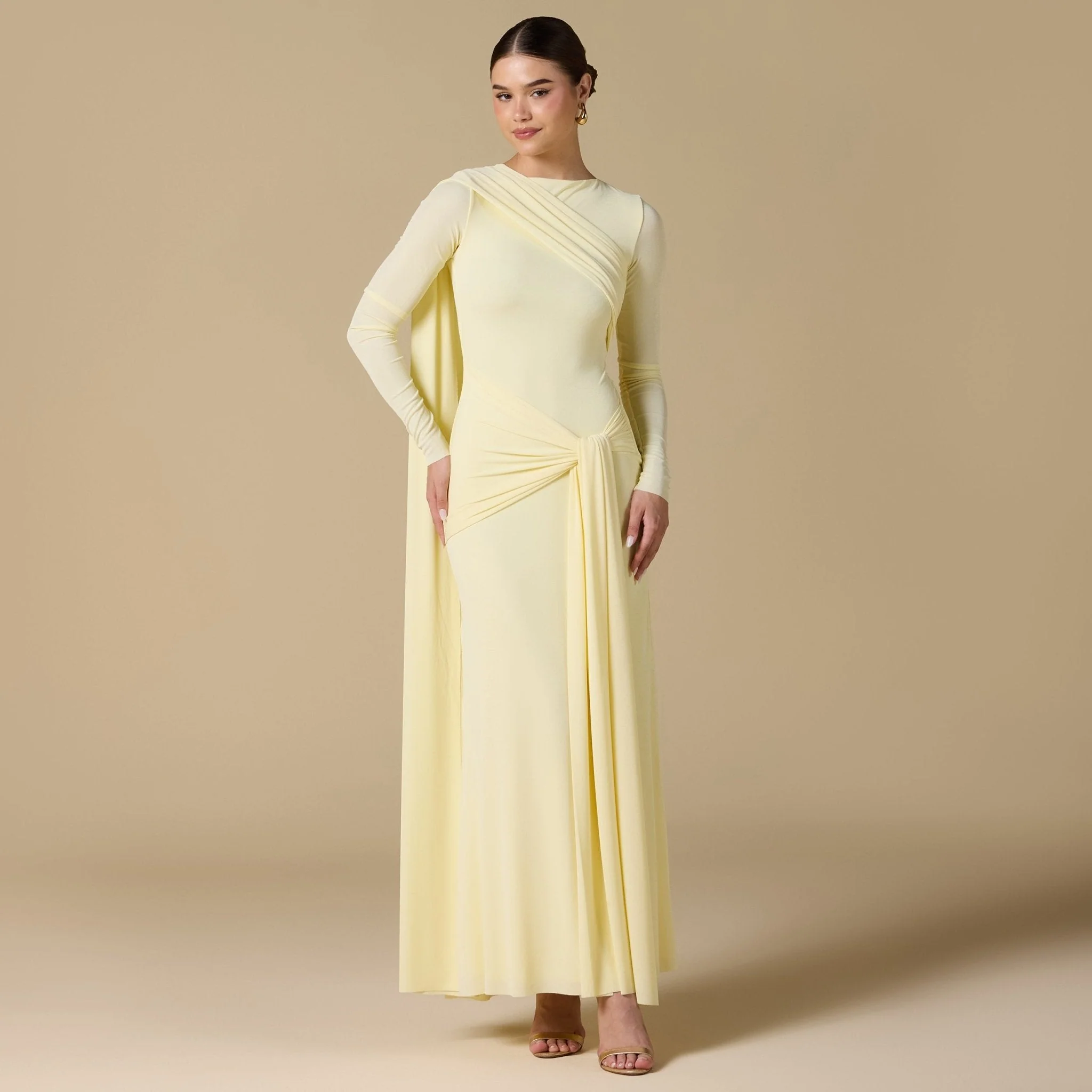 Yellow Jersey Draped Maxi Dress with Back Scarf