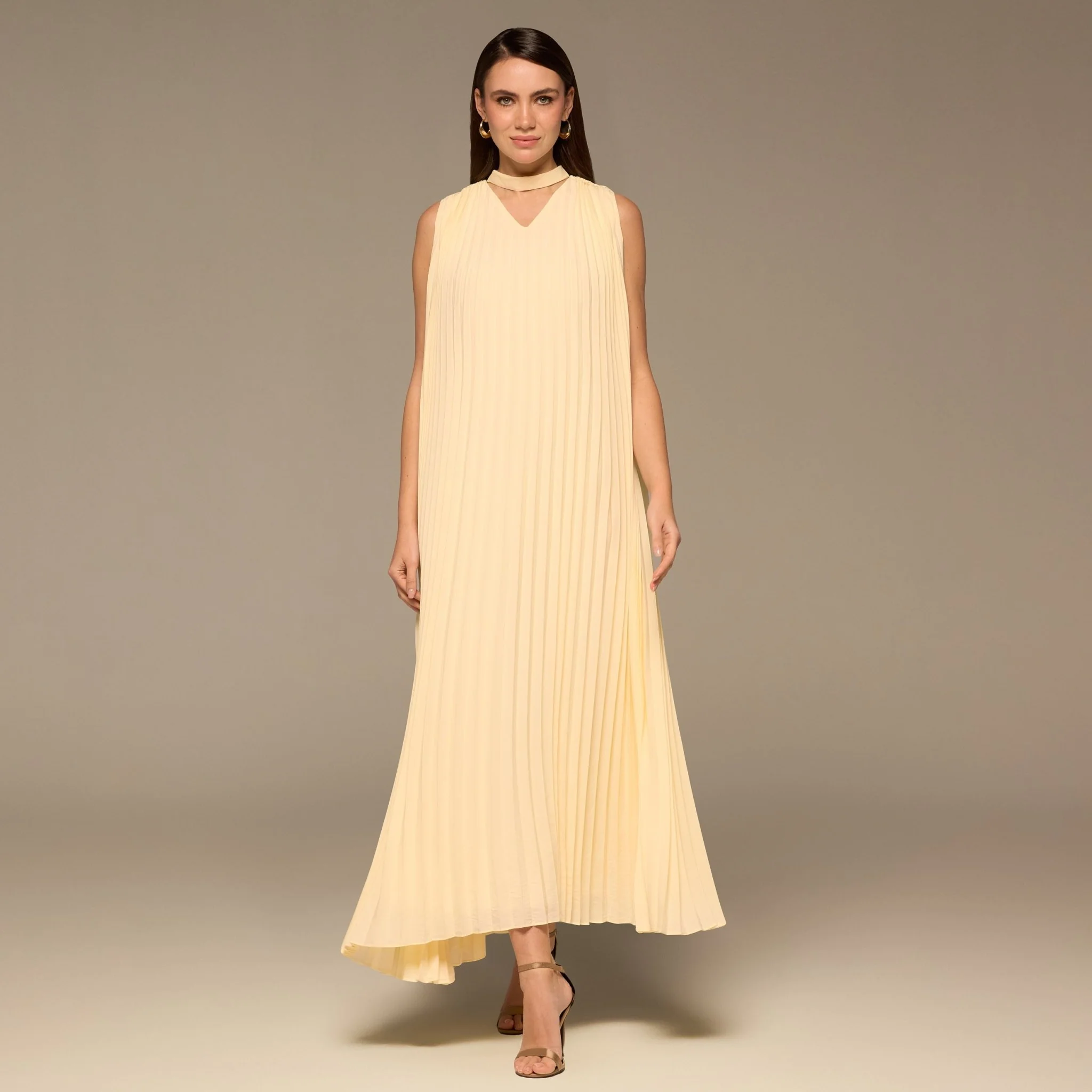 Yellow V-Neck All Over Pleated Chiffon Maxi Dress