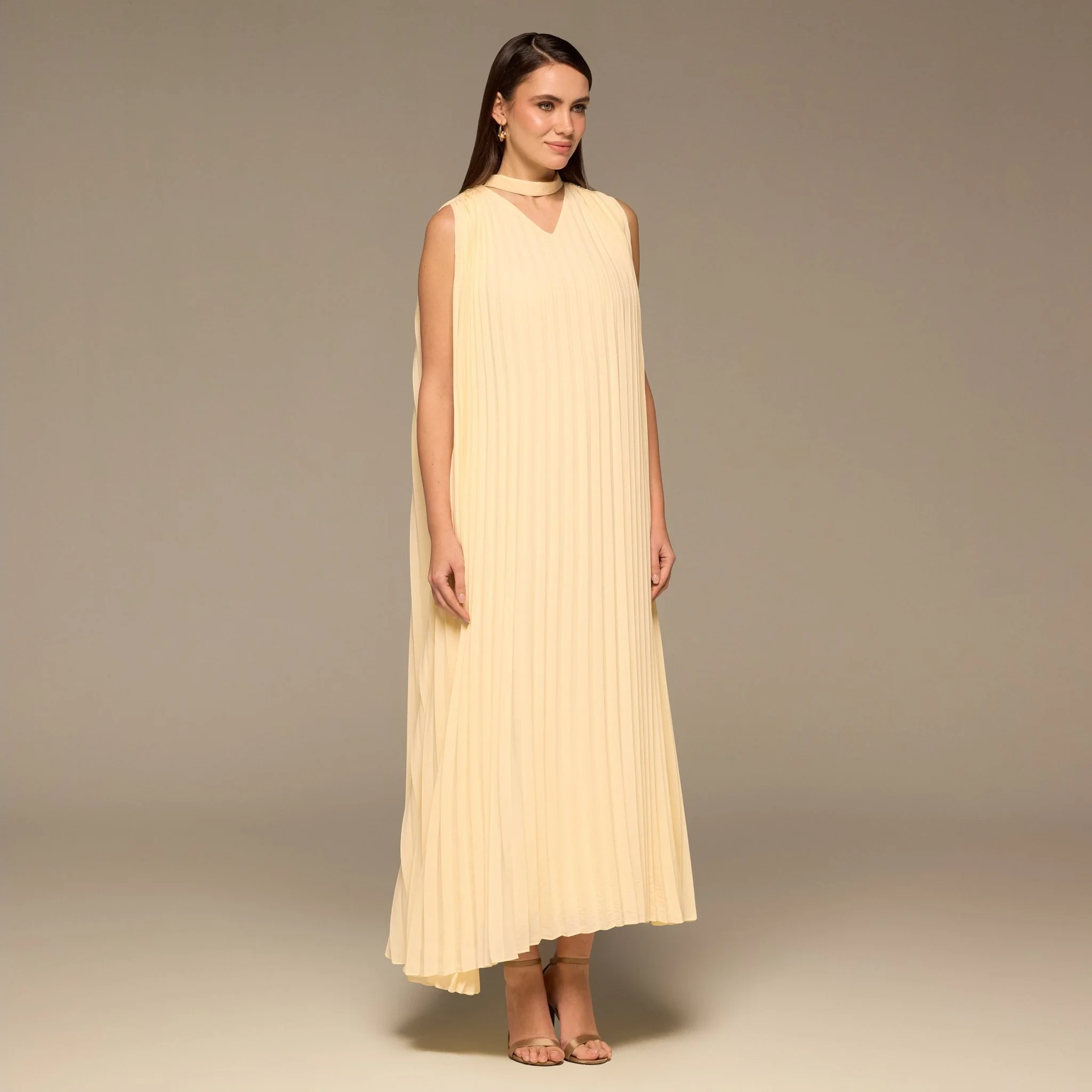 Yellow V-Neck All Over Pleated Chiffon Maxi Dress - Image 2